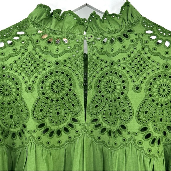 Ulla Johnson Mischa Top - Green Puff Sleeve Loose Fit Eyelet Cotton Blouse sz 2 - Picture 8 of 11